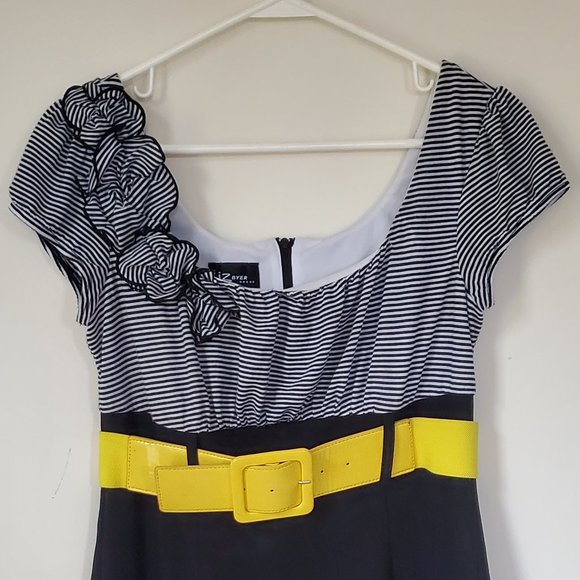 IZ Byer Yellow Belted Dress with a Stripped Top and Black Solid Bottom Juniors 7 - Picture 2 of 10